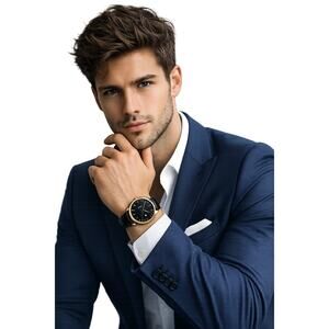 Stührling Original Men’s Watch Gold Tone Black Dial Leather Strap Minimalist